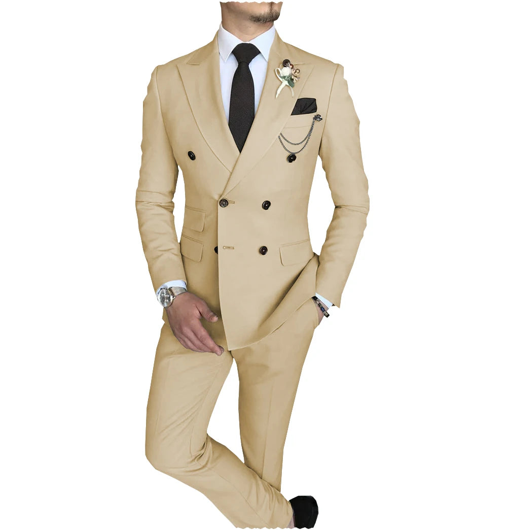 Solid Color Double Breasted Suit (Slim Fit)